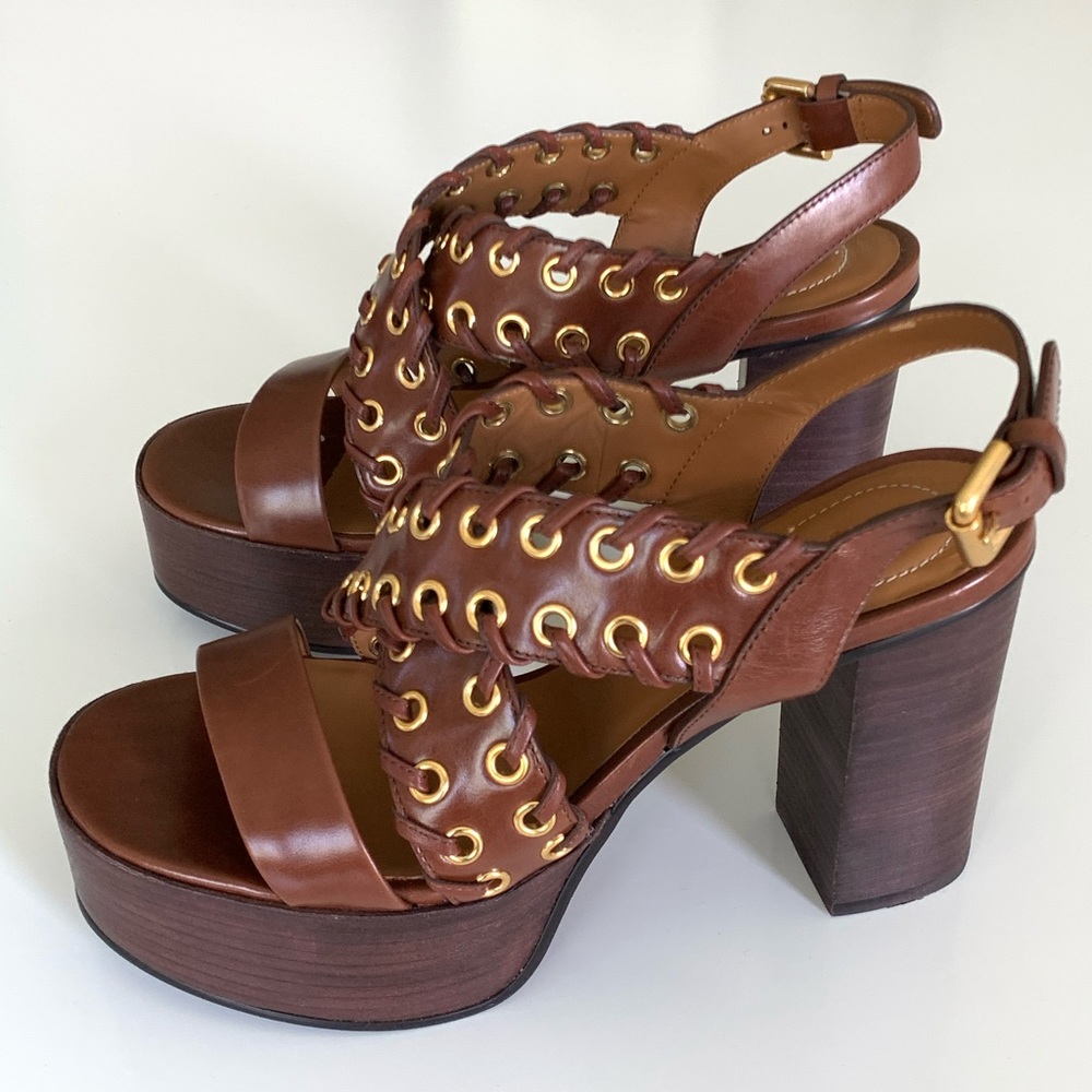 See By Chloe Brown Leather Platform Sandal with Gold Eyelet Details - Picture 2 of 7